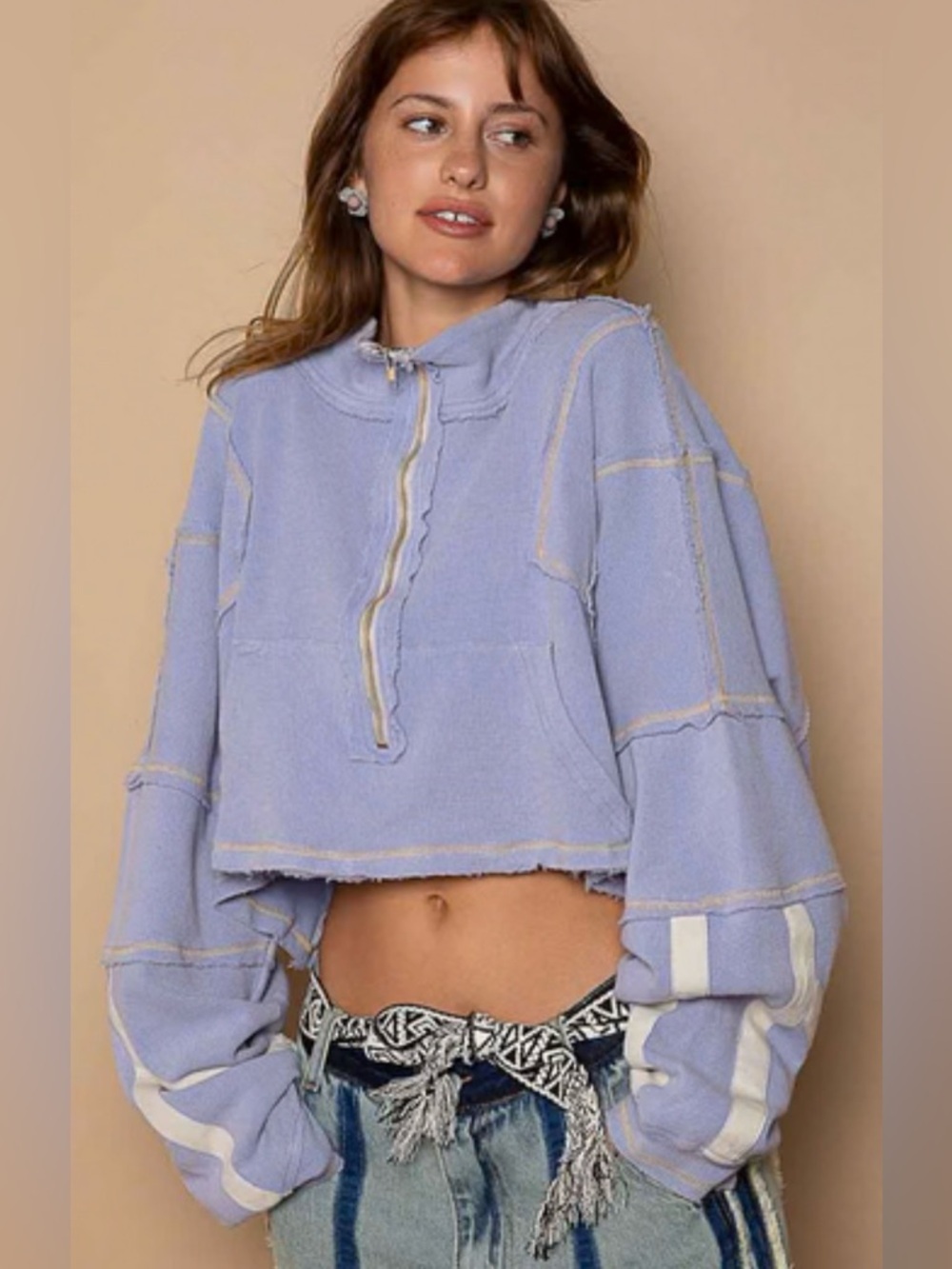 POL Evening Blue Distressed Cropped Half Zip Up Lightweight Sweater Large